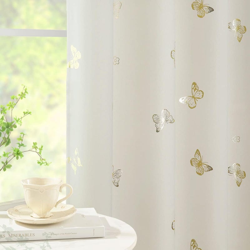 Jubilantex ستائر معتمة بتصميم فراشة 95" طويلة لغرفة الأطفال، بتصميم زهور باللون البيج والذهبي مع طبقة سوداء لتعتيم الغرفة، 52x95 - Image 2